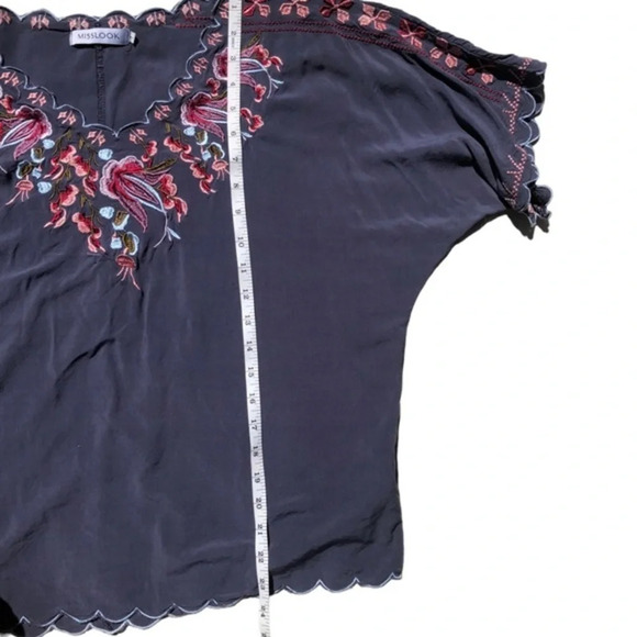 Misslook Embroidered Gray Short Sleeve Top V Neck Boho Blouse Size L - Picture 9 of 11